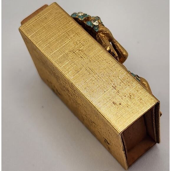 1930s Cherub Matchbox Holder Gold Gilt Blue Enamel Flowers Rhinestone Eyes - Picture 4 of 9